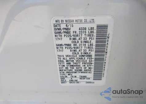 2015 Nissan Rogue Select S from USA, damaged, VIN JN8AS5MT7FW669182